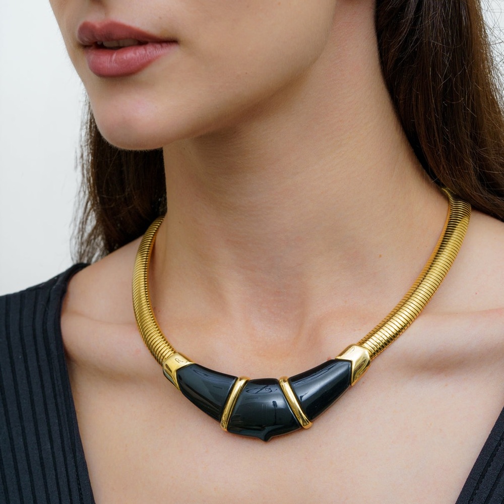 Monet Vintage Omega Gold and Black Statement Necklace